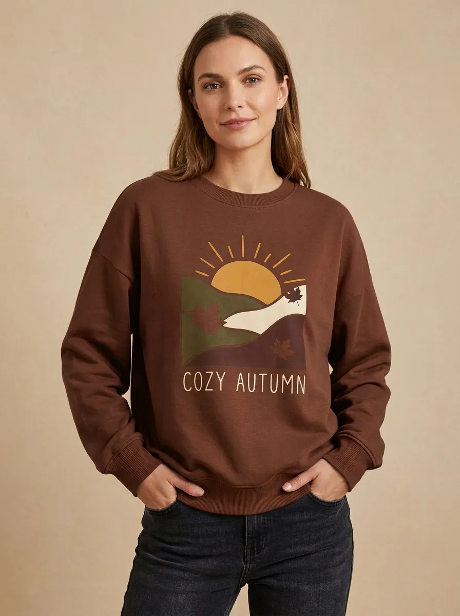 Sunset Maple Leaf Printed Women's Graphic Sweatshirt