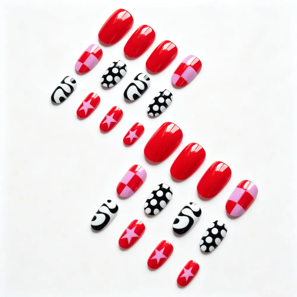 Nailhour 24Pcs French Multicolor Short Oval Press On Nails