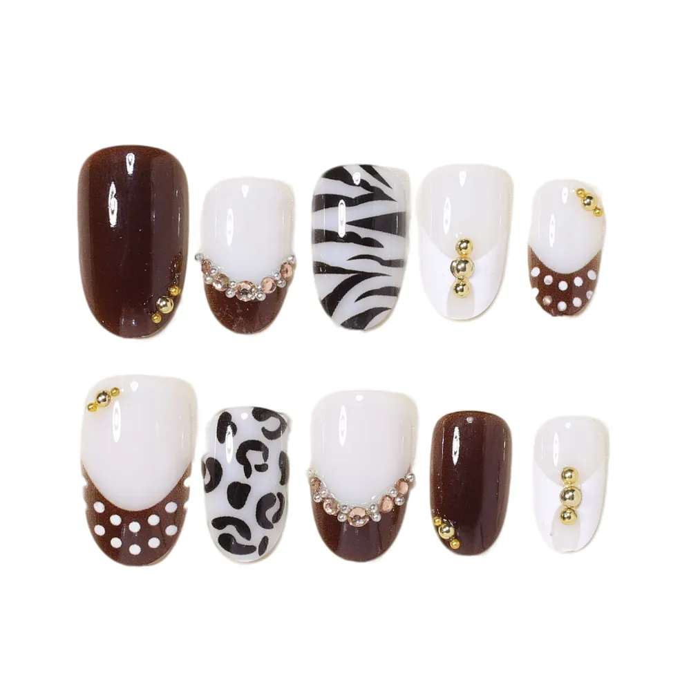 Nailhour 24Pcs French Rhinestone Short Oval Press On Nails