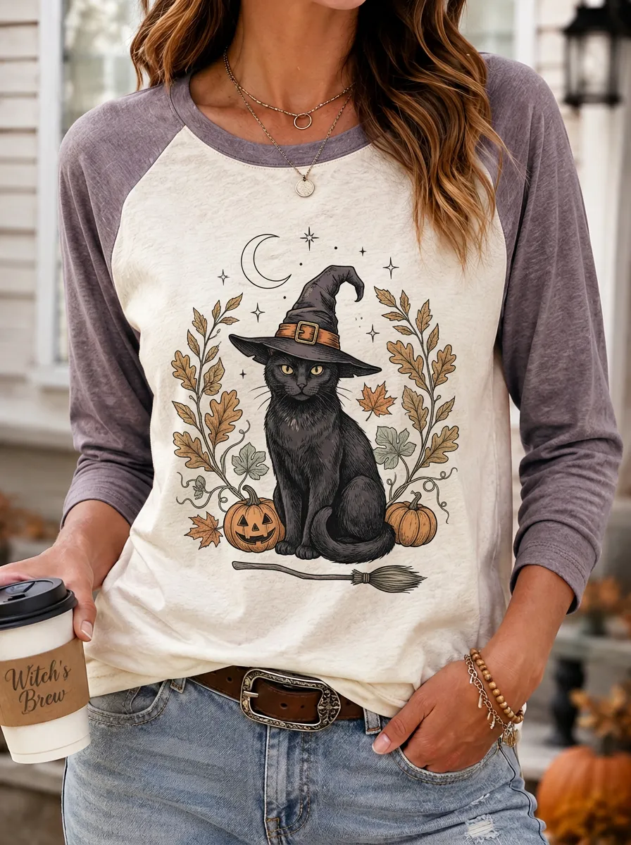 Women's Halloween Cat Witch Pumpkin Printed Raglan T-shirt