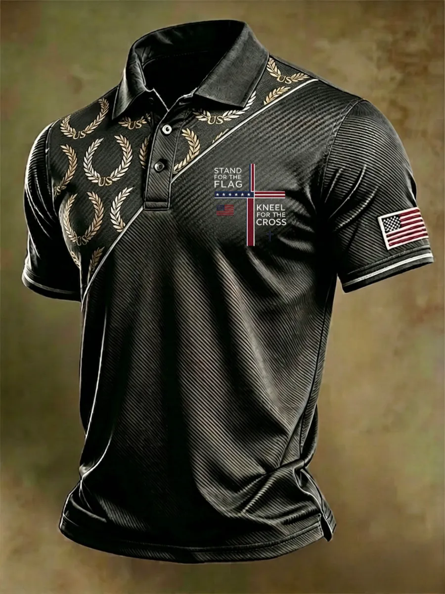 Men's American Flag Print Casual Polo Shirt
