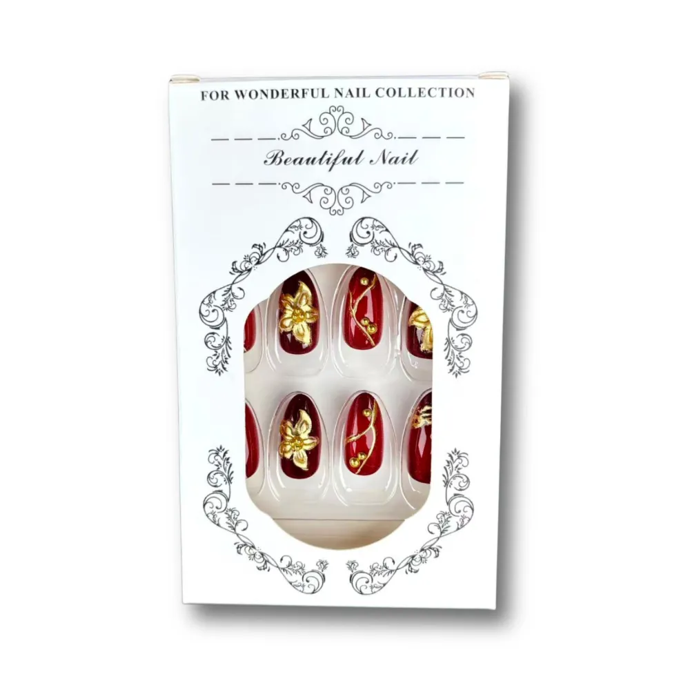 Nailhour 30Pcs Floral 3D Medium Almond French Red Gilded Press On Nails