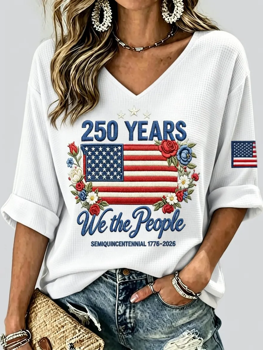 Women'S Retro Casual American Independence Day 250Th Anniversary Celebration Printed V-Neck Top