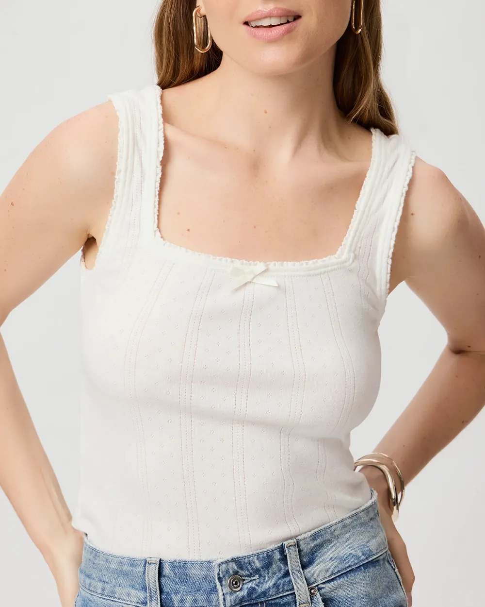 White Pointelle Stitched Square Neck Tank Top