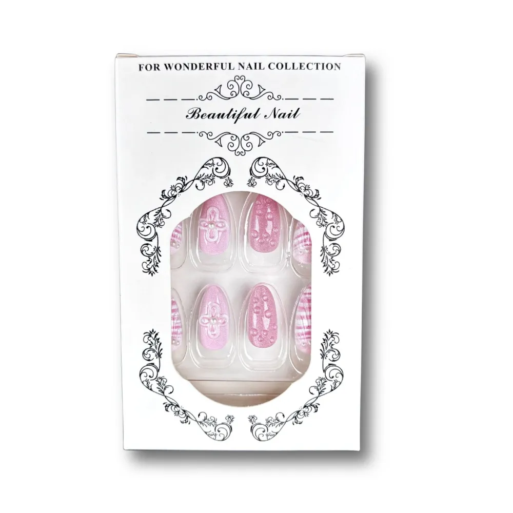 Nailhour 30Pcs Pink 3D Bubble Medium Almond French Press On Nails