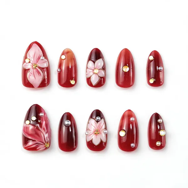 Nailhour 30Pcs Red Rhinestonee Medium Almond Press On Nails