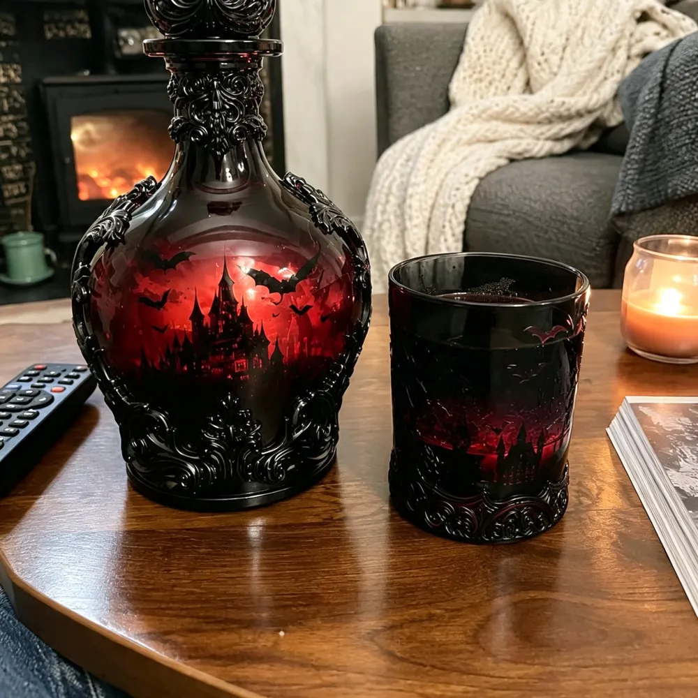 Halloween Dark Red Batwing Castle Decanter