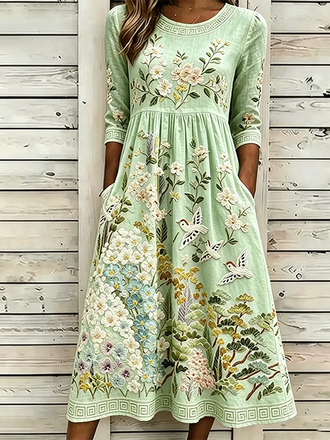 Vintage Floral & Birds Art Cozy Linen Maxi Dress