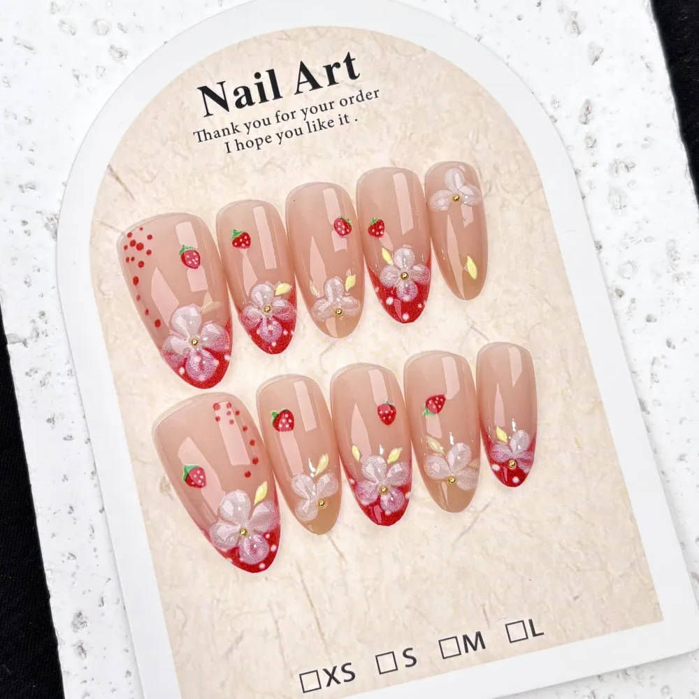Nailhour 30Pcs Strawberry Red Medium Almond French Press On Nails