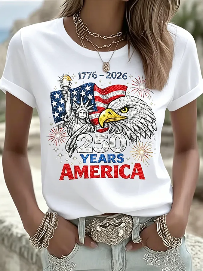 Ladies' Casual American 1776-2026 Anniversary Celebration Print Round Neck T-Shirt