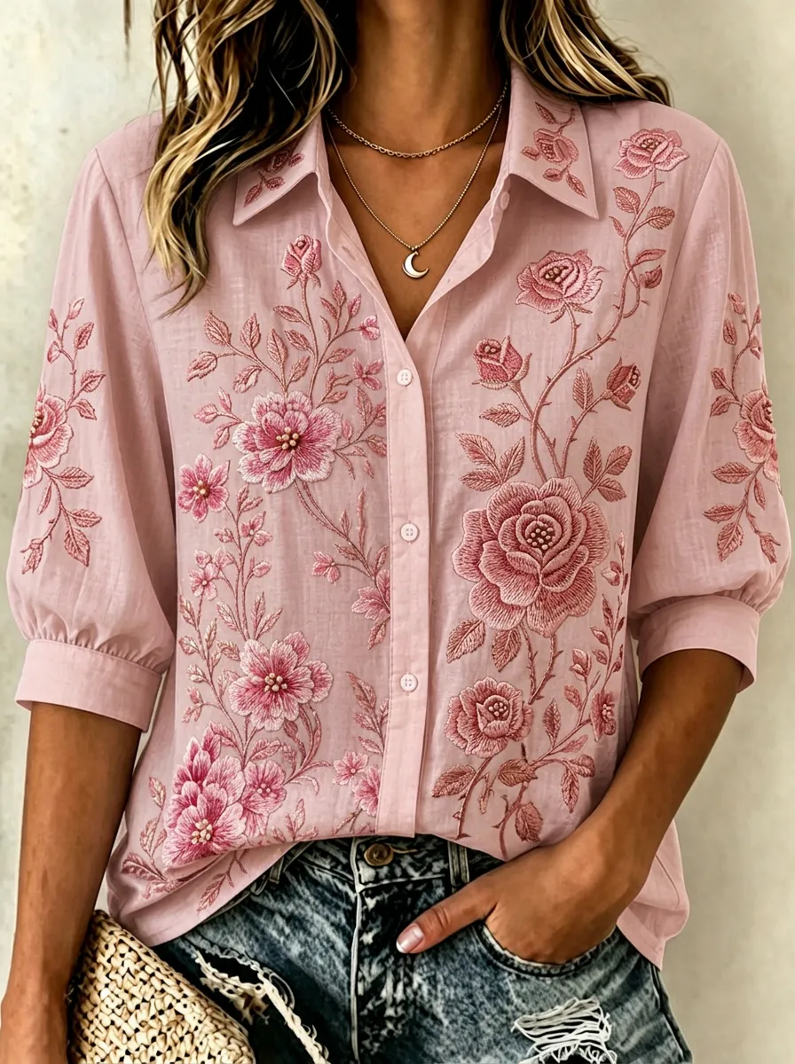 Women's Breast Cancer Awareness Pink Rose Floral Embroidered Button-up Shirt