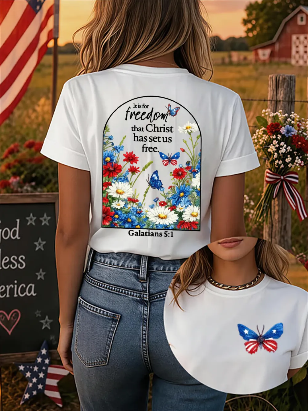 Christ'S Gift Of Freedom: Women'S American 250th Anniversary Faith Print Short-Sleeve T-Shirt