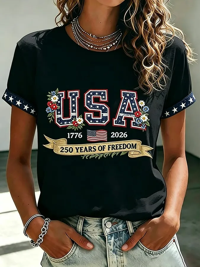 Women's 250 Years Of Freedom Flower Art Print T-shirt