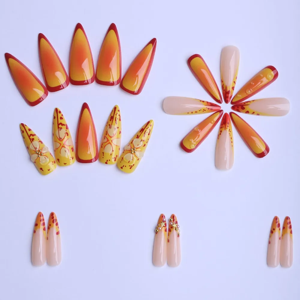 Nailhour 24Pcs Autumn 3D French Floral Medium Stiletto Press On Nails