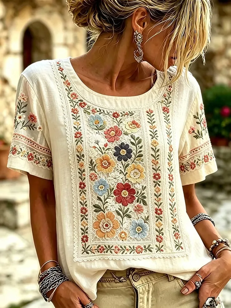 Women's Retro Floral Lace Design Cotton Linen Short-sleeve Top