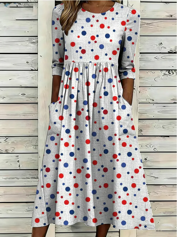 Women's Casual Round Neck Mid-Sleeve American 250th Anniversary Printed Cotton Linen Dress