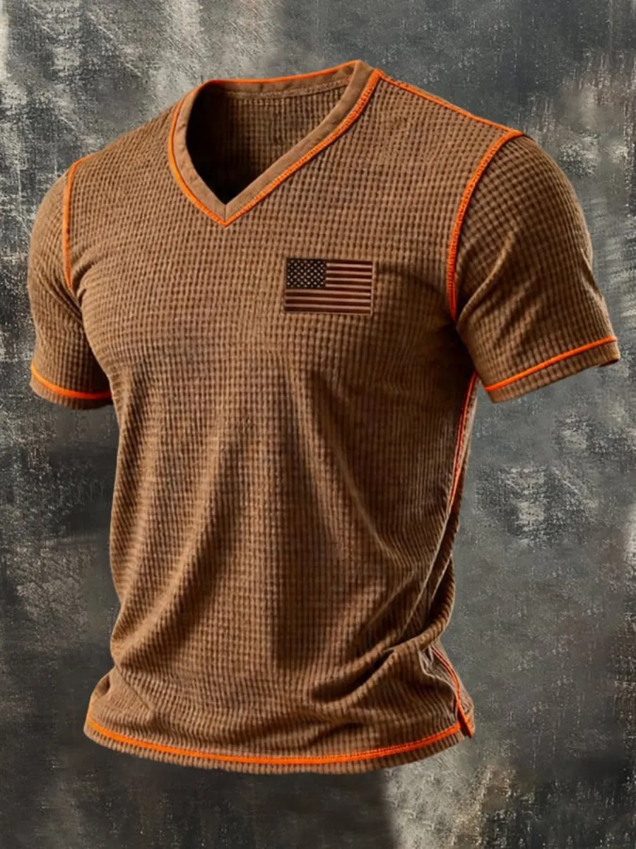 Men's American Flag Printed Casual V-neck T-shirt