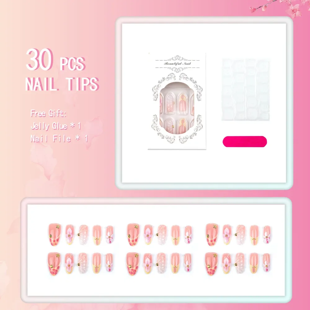 Nailhour 30Pcs Floral 3D Medium Pink Almond French Press On Nails