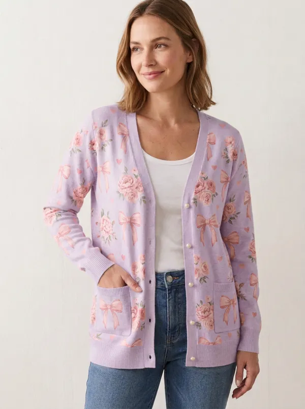 Women's Breast Cancer Awareness Pink Bow Floral Printed Cardigan