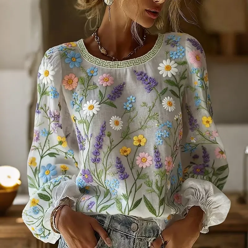 Flower Pattern Color Blocked Print Casual Linen Top