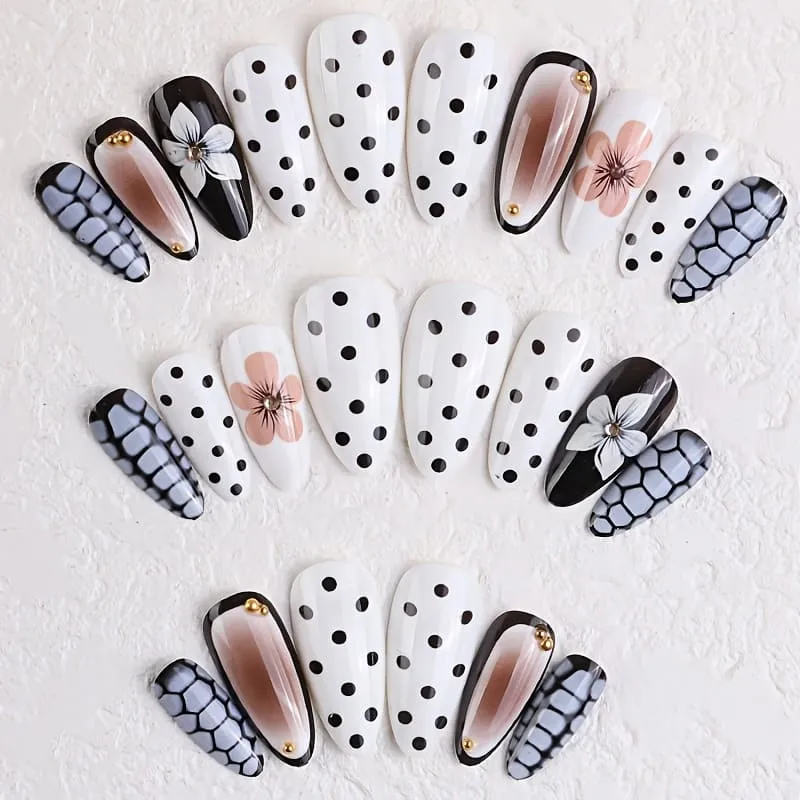 Nailhour 24Pcs 3D French Floral Medium Almond Press On Nails