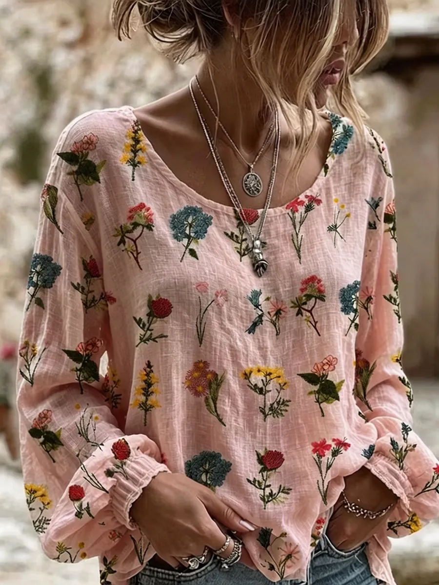 Women'S Floral Bohemian Printed Cotton Linen Blend Top