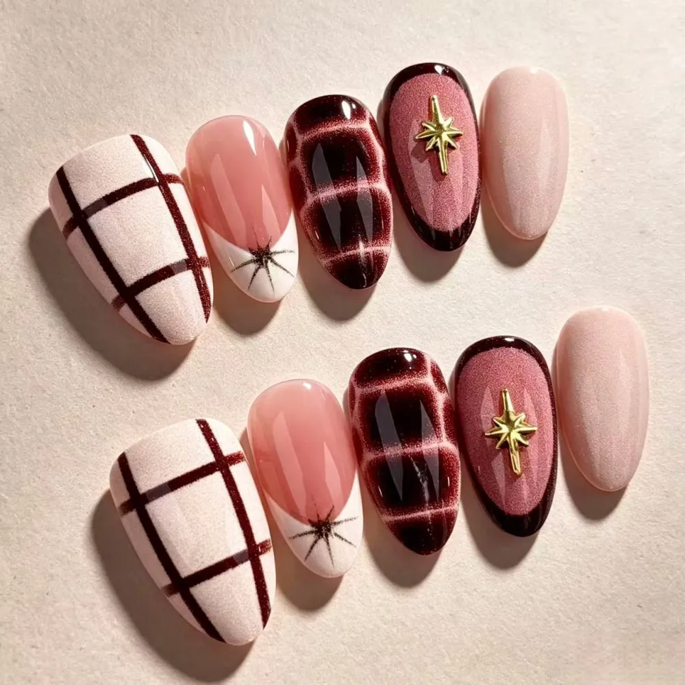 Nailhour 30Pcs Y2K 3D Autumn Gilded Short Almond Press On Nails