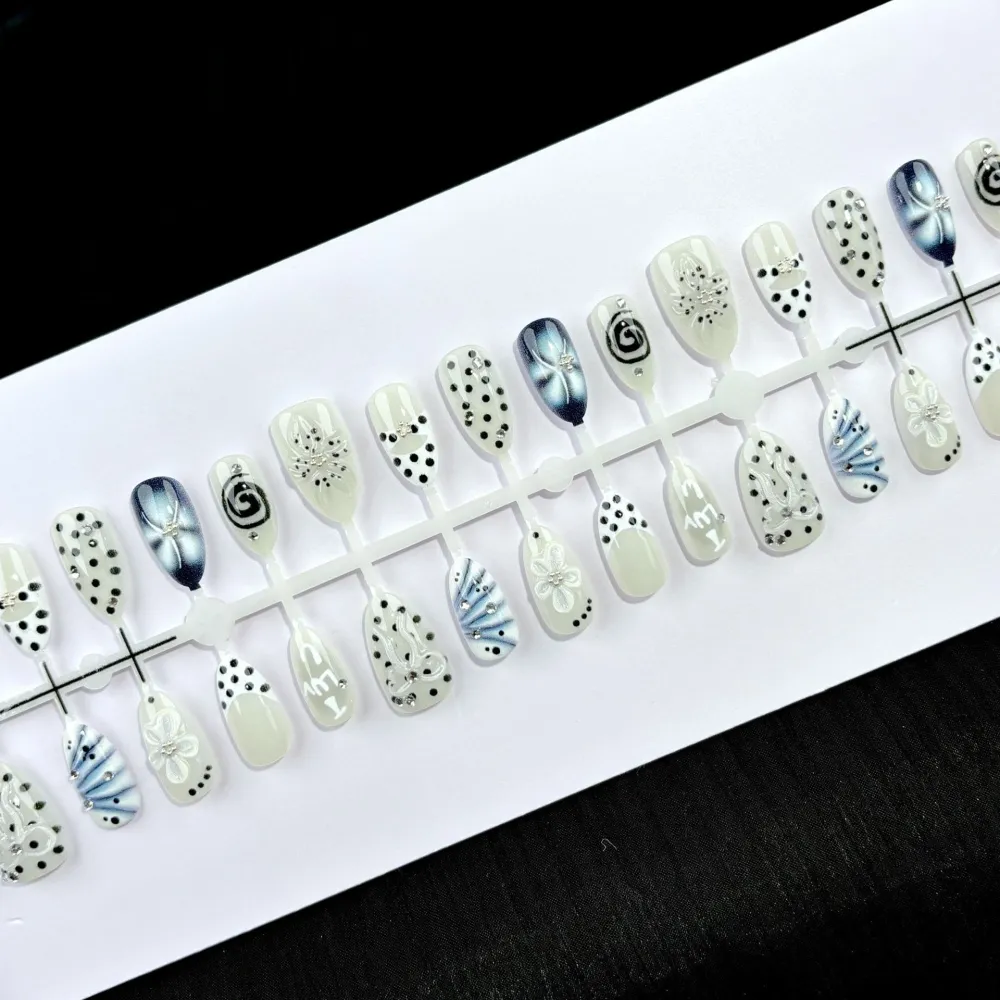 Nailhour 30Pcs Bow 3D Medium Almond French Polka Dots Press On Nails