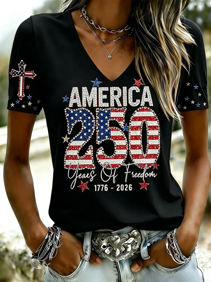 Women's Casual USA 250th Celebration Print Short Sleeve T-shirt