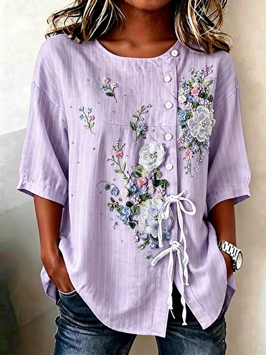 Women'S Casual Floral Print Cotton Linen Top