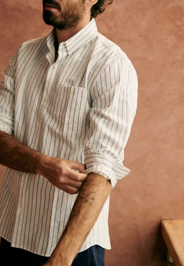 Cotton Linen  Shirt-White Blue Stripes