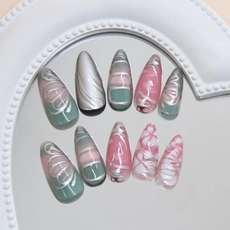 Nailhour 24Pcs 3D Gilded Medium Almond Press On Nails