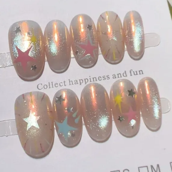 Nailhour 10Pcs French Cat Eye Macaron Color Blocking Medium Oval Press On Nails