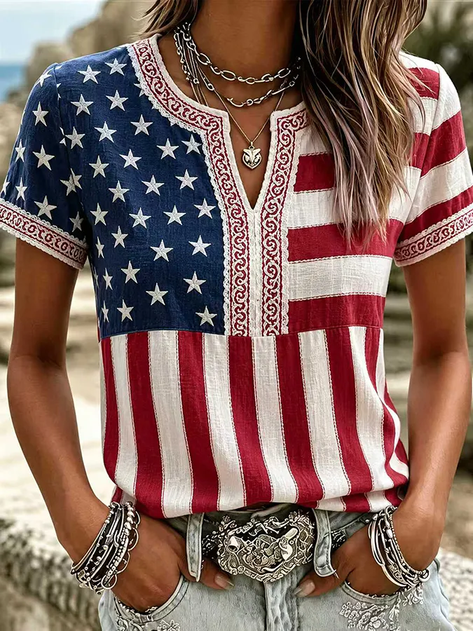 Women'S America Flag Printed Casual Cotton Linen Short Sleeved Shirt