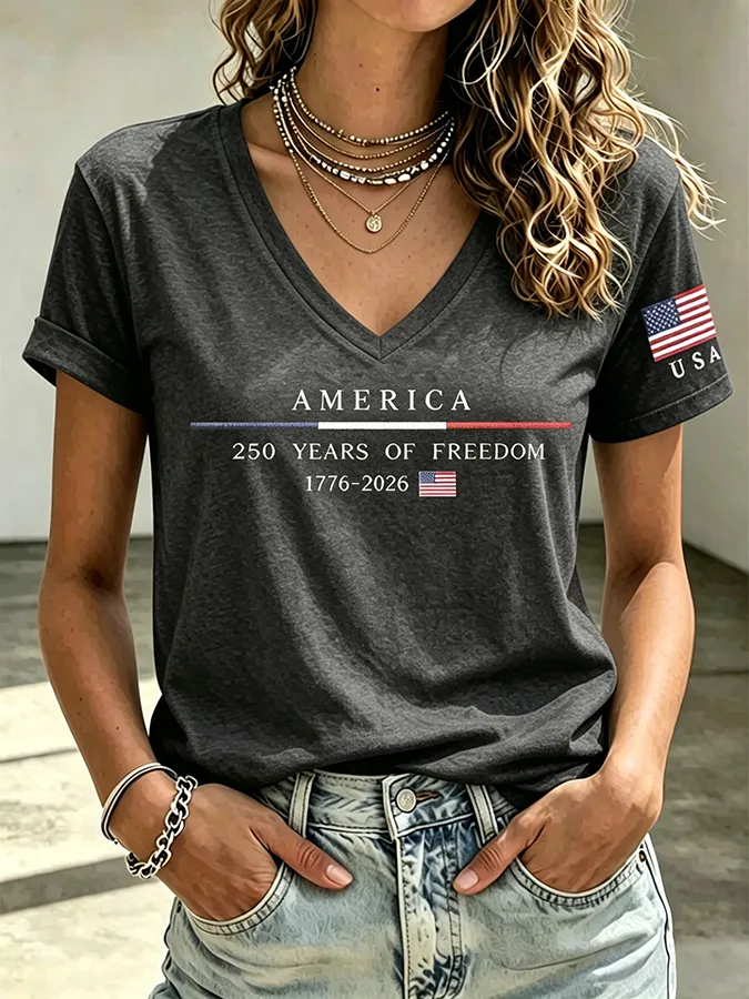 250Th Anniversary American Embroidery Commemorative V-Neck Short Sleeved T-Shirt