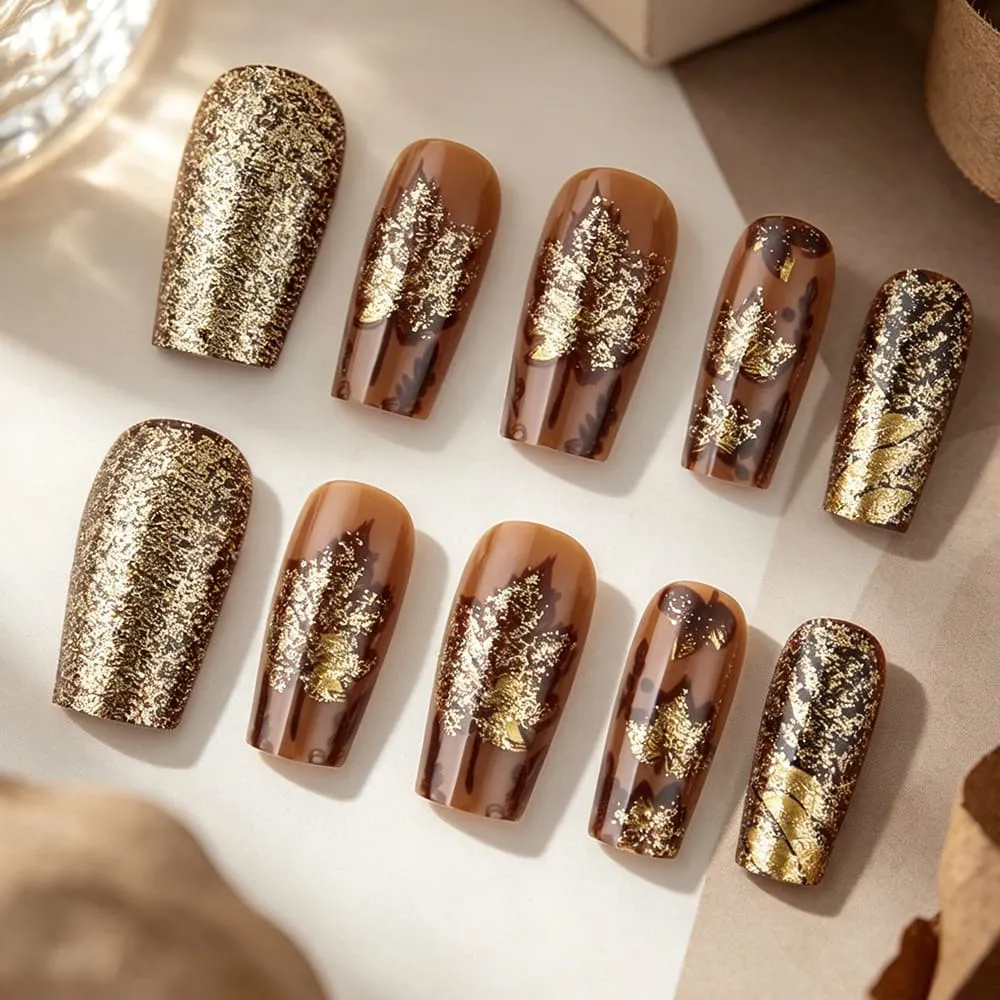 Nailhour 24Pcs Autumn Vintage Floral Medium Square Press On Nails