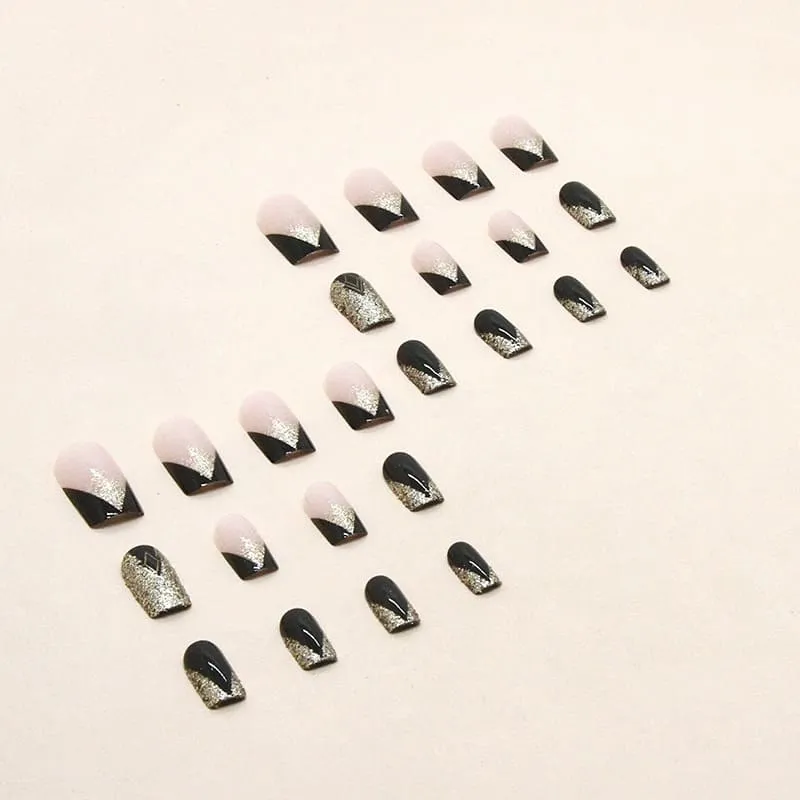Nailhour 24Pcs French Gilded Black Short Square Press On Nails