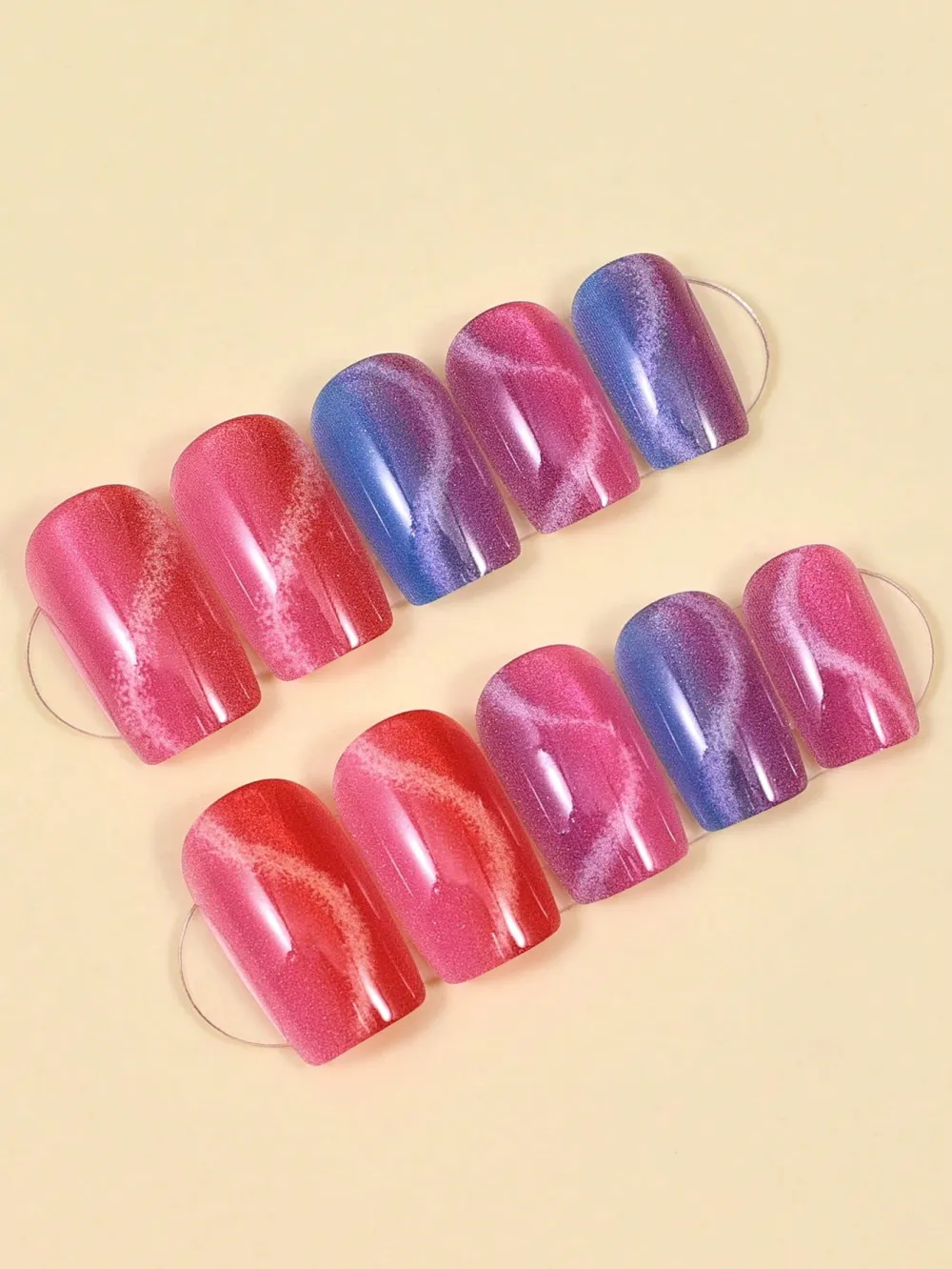 Nailhour 24pcs Rainbow Square Short Fake Nails Colorful Cat Eye Glitter Press On Nails