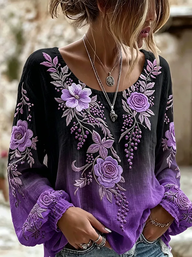Women's floral print fresh round neck top
