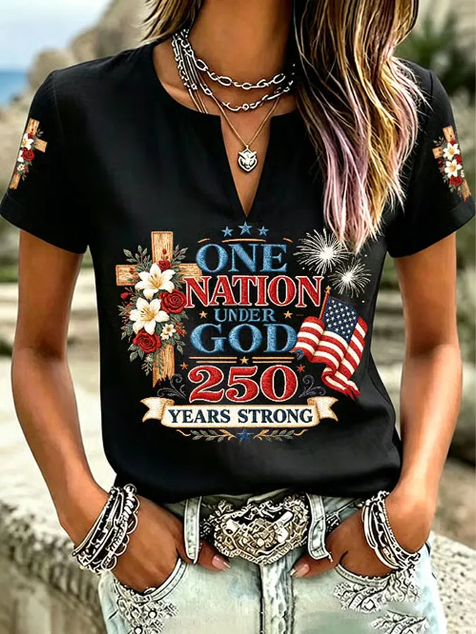 Women'S One Nation Under God Printed Casual Cotton Linen Short Sleeved Shirt