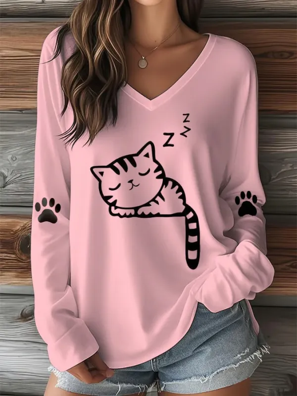 Women's T-shirt With Cute Cat Print And V-Neck And Long Sleeves