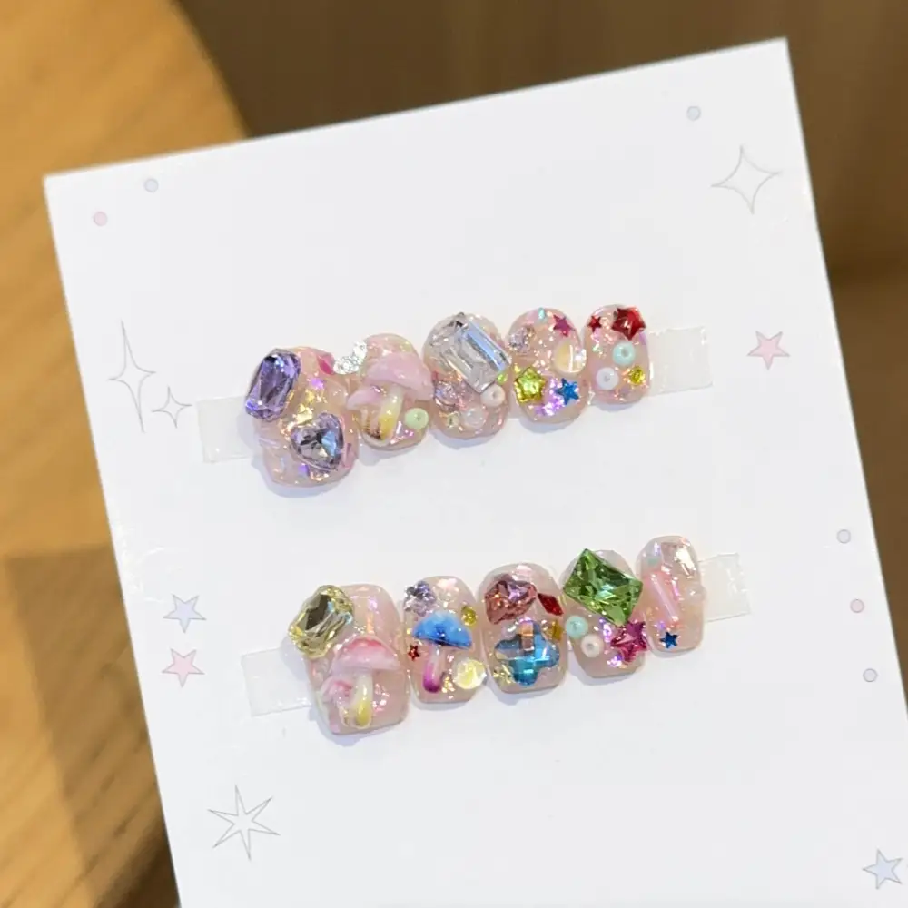 Nailhour 10Pcs Handmade Glitter Rhinestone Short Oval Press On Nails