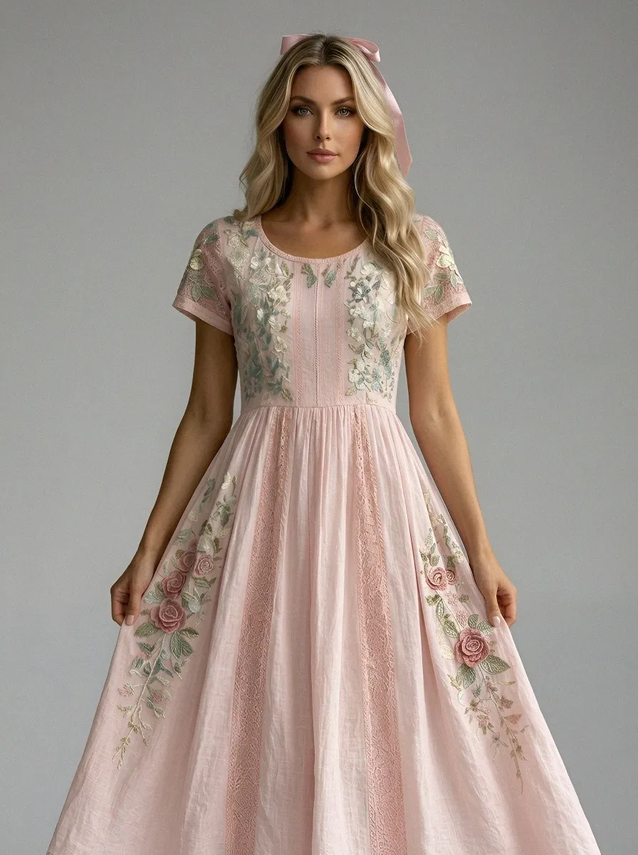 Women's Breast Cancer Awareness Pink Rose Floral Embroidered Printed Dress