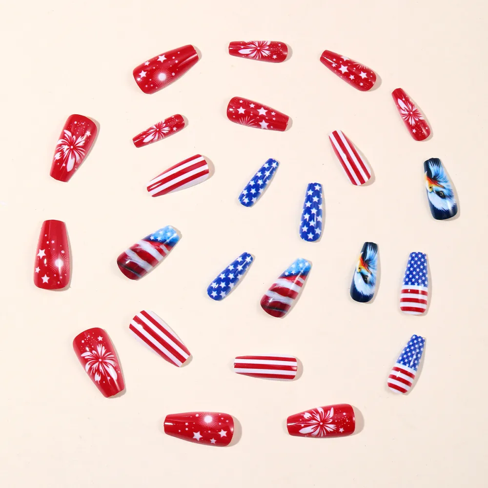 Nailhour 24pcs Medium Square Shiny Artificial Nail Tip Red White Blue Nail Art