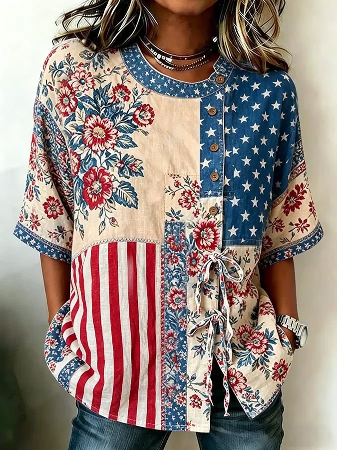 Women's Cotton Linen Floral Floral 250th Anniversary Digital Print Top
