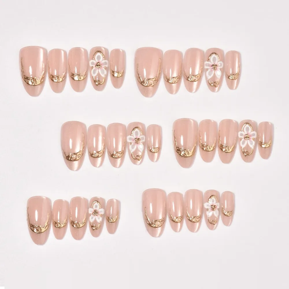 Nailhour 30Pcs Nude Pink Floral 3D Medium Almond French Press On Nails
