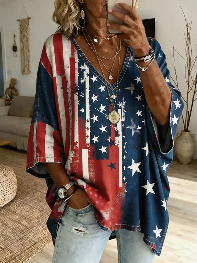 Women'S Vintage Distressed American Flag Oversized V-Neck Casual Blouse