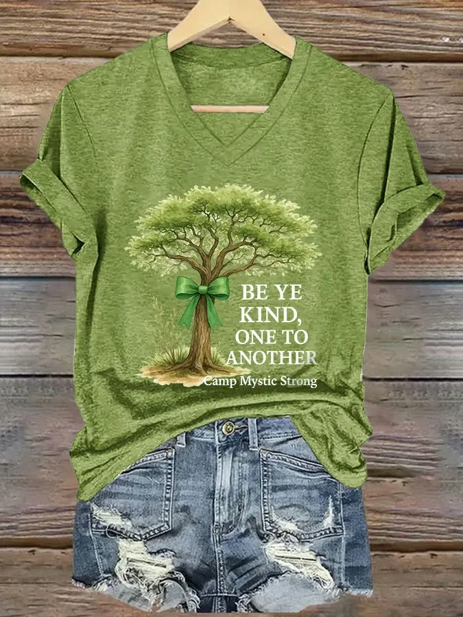 V-Neck Retro Texas Strong Green Bow Cross Print T-Shirt