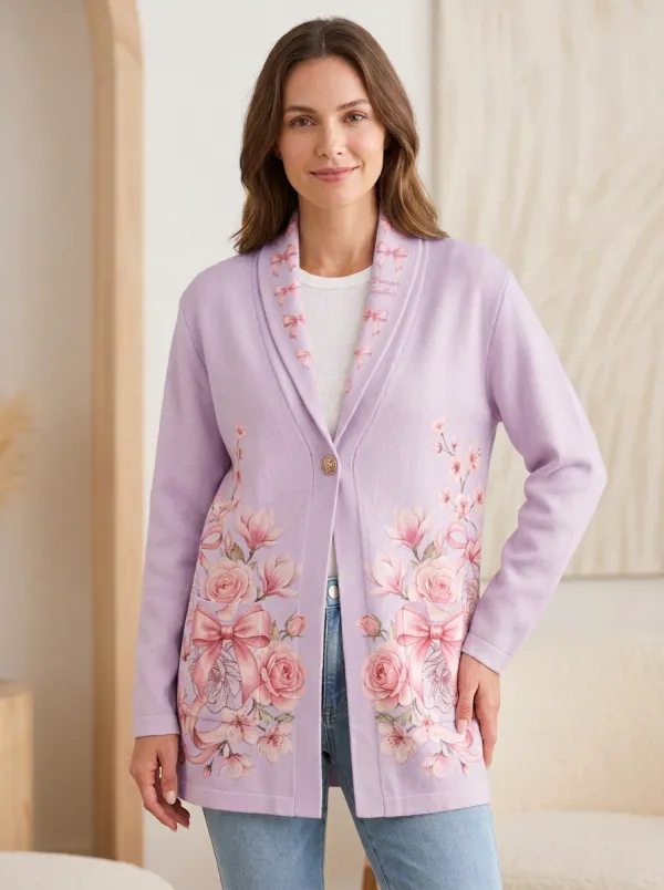 Women's Breast Cancer Awareness Pink Ribbon Floral Printed Cardigan