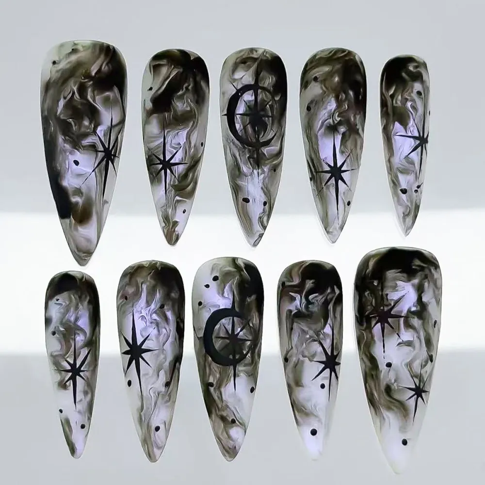 Nailhour 24Pcs Halloween Gothic Long Almond  Press On Nails